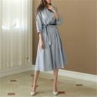 3/4-sleeve Stripe Long Dress With Sash
