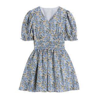Set: Short-sleeve Floral Mini A-line Dress + Shawl