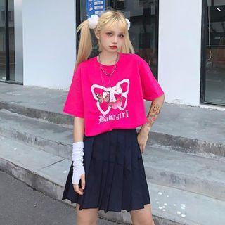 Short-sleeve Butterfly Print T-shirt Rose Pink - One Size