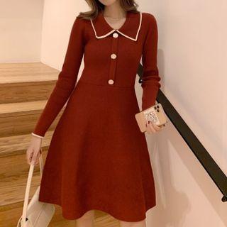 Polo-neck Knit Dress Red - One Size