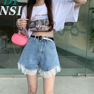 High-waist Mesh Panel Denim Shorts