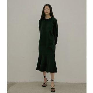 Ruffle-hem Midi Knit Dress Black - One Size