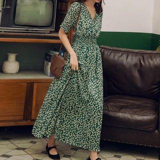 Flower Print Short-sleeve A-line Maxi Dress
