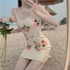 Spaghetti Strap Floral Knit Mini Bodycon Dress Floral - Beige - One Size