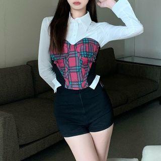 Long-sleeve Shirt / Strapless Plaid Top
