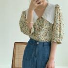 Collared Floral Print Elbow-sleeve Chiffon Blouse