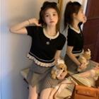 Short-sleeve Two-tone Knit Crop Top Black - One Size