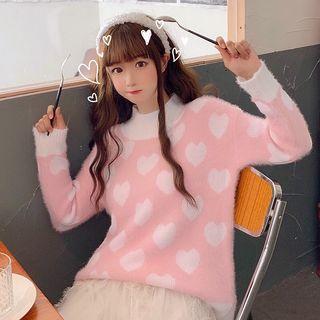 Mock-turtleneck Heart Print Sweater Pink - One Size