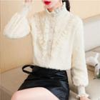 Ruffled Lace Mock-neck Buttoned Blouse