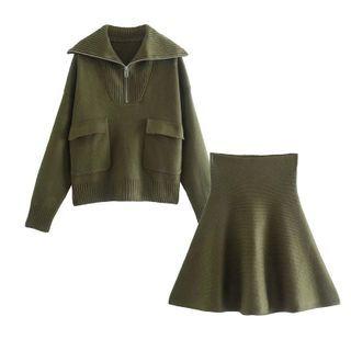 Half-zip Pocket Detail Sweater / Mini A-line Skirt