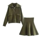 Half-zip Pocket Detail Sweater / Mini A-line Skirt