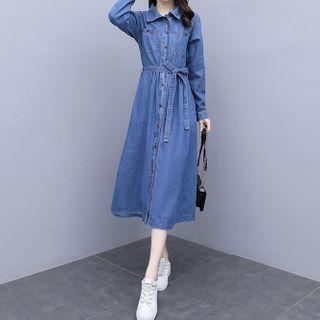 Long-sleeve Denim Tie-waist Midi Shirtdress