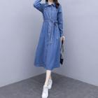 Long-sleeve Denim Tie-waist Midi Shirtdress