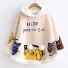 Cat Print Fleece-lined Hooded Cape Off-white - One Size