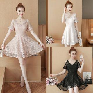 Lace Cutout Shoulder Short-sleeve A-line Dress
