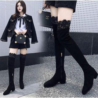 Lace Panel Block Heel Over-the-knee Boots