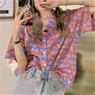 V-neck Flower Print Blouse As Figure - One Size