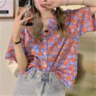 V-neck Flower Print Blouse As Figure - One Size