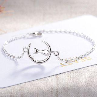 925 Sterling Silver Moon & Cat Bracelet Crescent & Cat - Silver - One Size