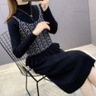 Set: Long-sleeve Mock-neck Knit Midi Dress + Patterned Vest