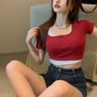 Short-sleeve Mock Two-piece Crop Top Red - One Size