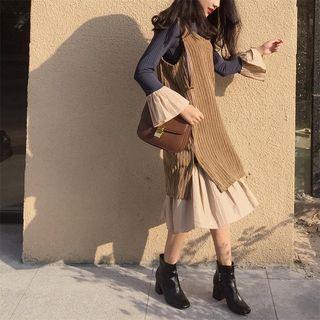 Set: Mock-neck Long-sleeve Dress + Corduroy Pinafore Dress