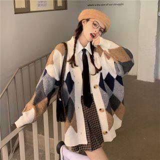 Diamond Pattern V-neck Cardigan Almond & Gray & Coffee - One Size