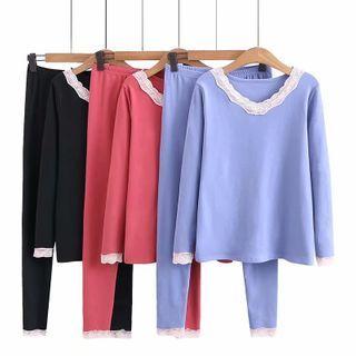 Set: Lace Trim Panel Plain Long-sleeve Top + Pants