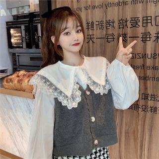 Long-sleeve Lace-trim Plain Blouse White - One Size