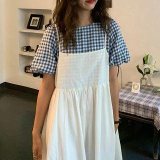 Set: Plaid Elbow-sleeve Top + Midi A-line Pinafore Dress White - One Size