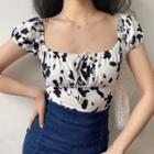 Cow Print Puff-sleeve Cropped Blouse