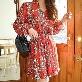 Frill-trim Smocked-waist Floral Dress