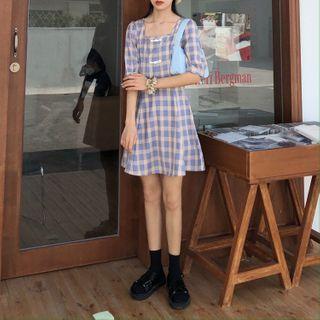 Short-sleeve Plaid Mini A-line Dress Purple - One Size