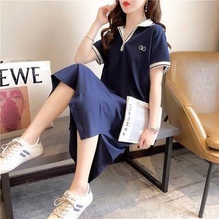 Short-sleeve Collar Contrast Trim Midi T-shirt Dress