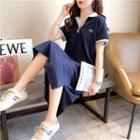 Short-sleeve Collar Contrast Trim Midi T-shirt Dress