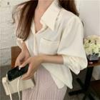 Long-sleeve Shirt / Spaghetti Strap Knit Top / Midi Fitted Skirt