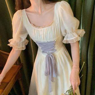 Bell-sleeve Lace-up Midi A-line Dress