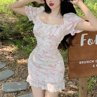 Short-sleeve Floral Lace Trim Mini Sheath Dress