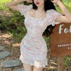 Short-sleeve Floral Lace Trim Mini Sheath Dress