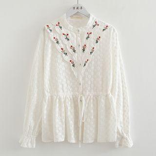 Floral Embroidery Button-up Blouse White - One Size
