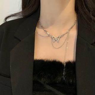 Butterfly Rhinestone Layered Alloy Necklace My31343 - Gold - One Size