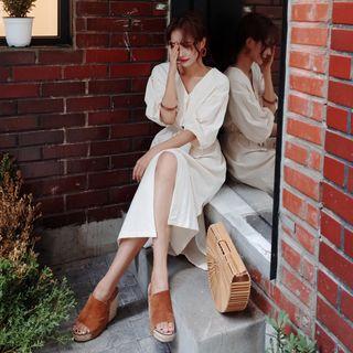 Puff-sleeve Slit-side Shirtdress With Sash