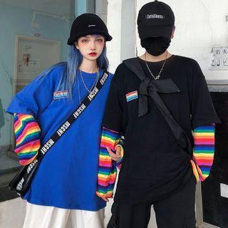 Mock Two-piece Rainbow Striped Panel Long-sleeve T-shirt