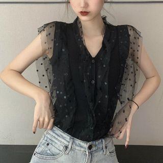 V-neck Sleeveless Mesh Panel Knit Top