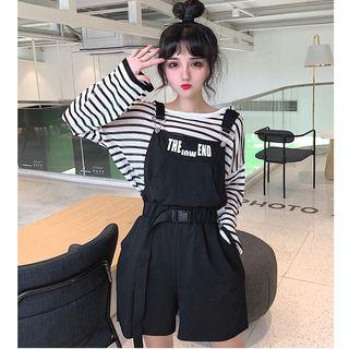 Long-sleeve Striped T-shirt / Letter Wide-leg Dungaree Shorts