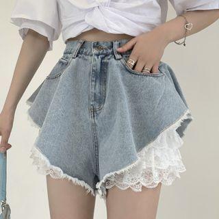 Fringed Denim Hot Pants / Lace Undershorts