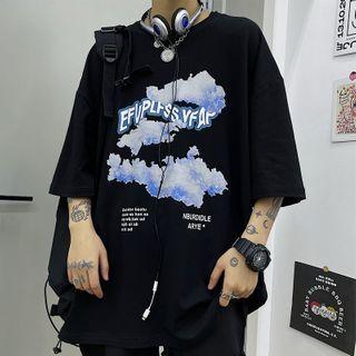 3/4-sleeve Cloud Print T-shirt