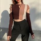 Color-block Long-sleeve Slim-fit Crop Top
