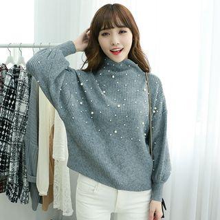 Faux Pearl-trim Turtle-neck Balloon-sleeve Knit Top