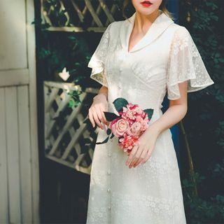 Short-sleeve Lace V-neck A-line Midi Dress
